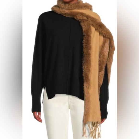 Faux Fur ,85% Wool & 5%Cashmere Blend Scarf-Adrienne Landau -Light weight-Camel - Picture 1 of 12